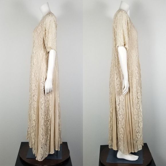 Avant Garde VTG 80s Bohemian Cottage Floral Lace Beige Flowy Rayon Dress Size M - Picture 2 of 16